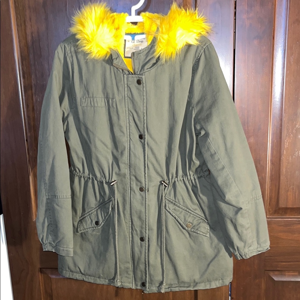 Ci Sono Olive Utility Jacket with Yellow Fur Hood